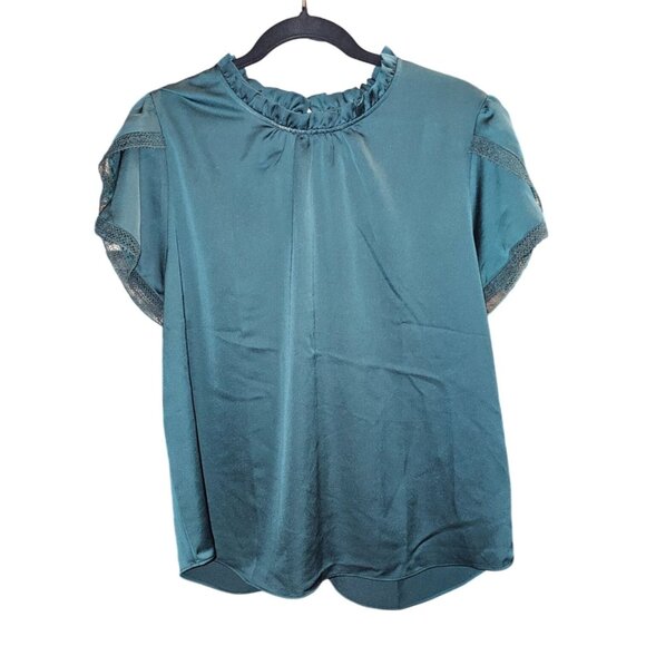 J Crew Ruffled Neck Blouse Lace Trim Short-Sleeve XL Lightweight - Picture 1 of 9